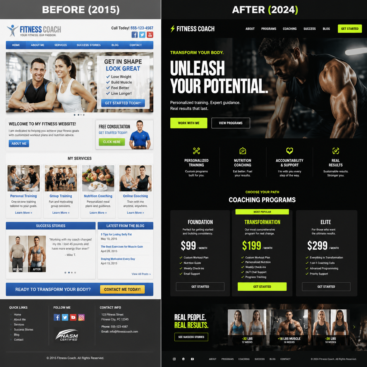 Iron Forge Fitness — before and after coaching website redesign with bold call-to-action and booking flow