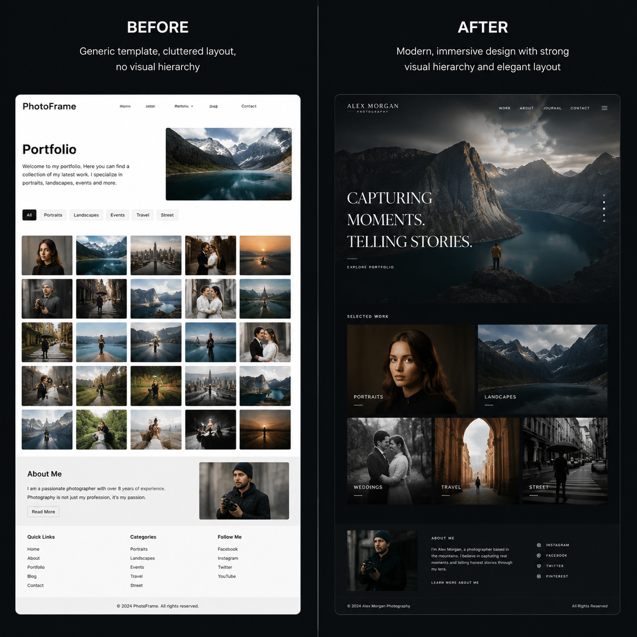 Sarah Mitchell Photography — before and after portfolio website redesign with elegant image gallery